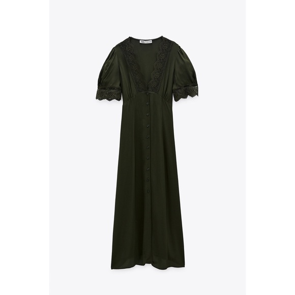 Zara Blogger’s Favorite Olive Green Vintage Lace V-Neck Button Down Midi Dress - Picture 6 of 16